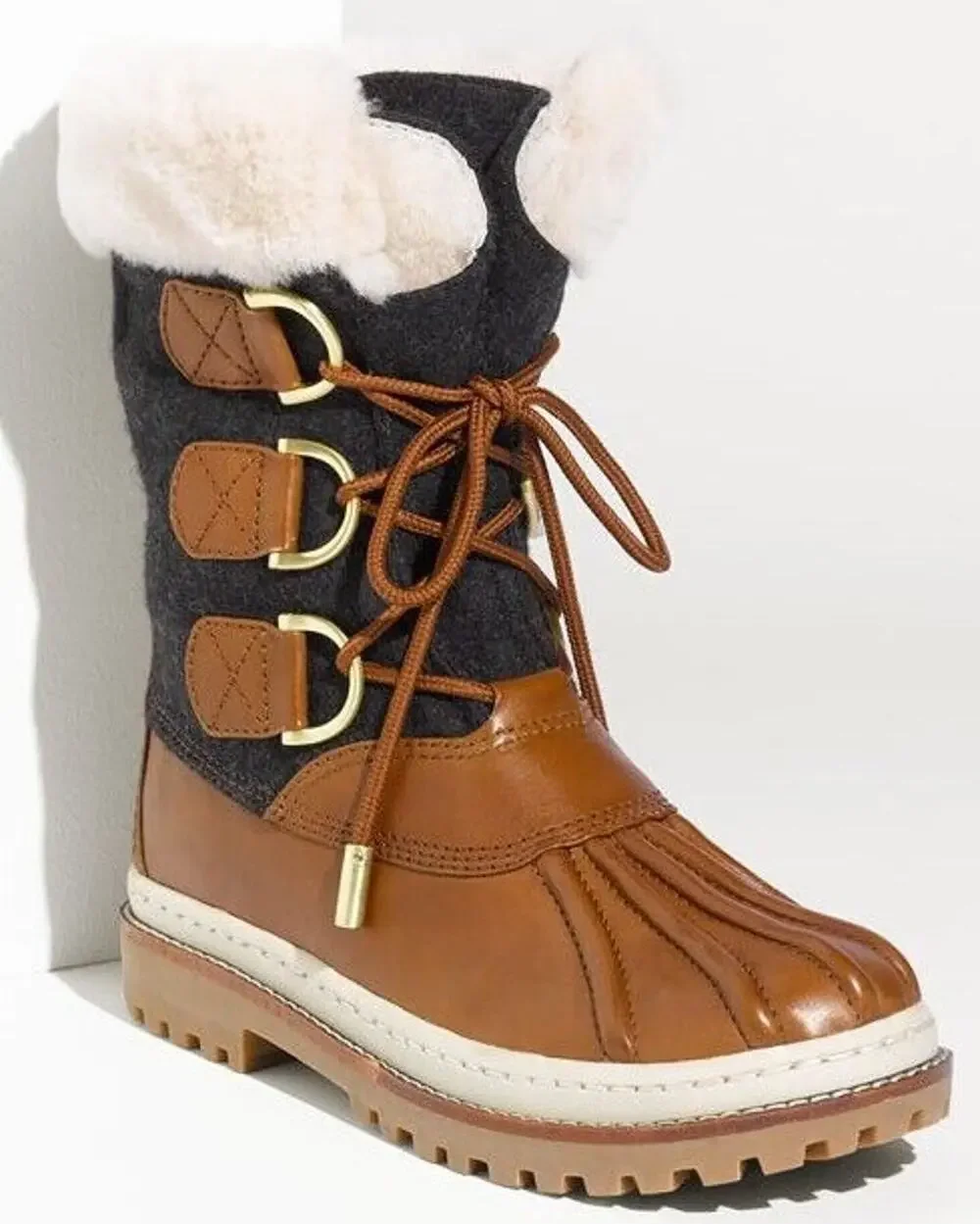 Tory Burch Grey Flannel Brown Leather Duck Boots Size 5 Fur NIB Women's Rain